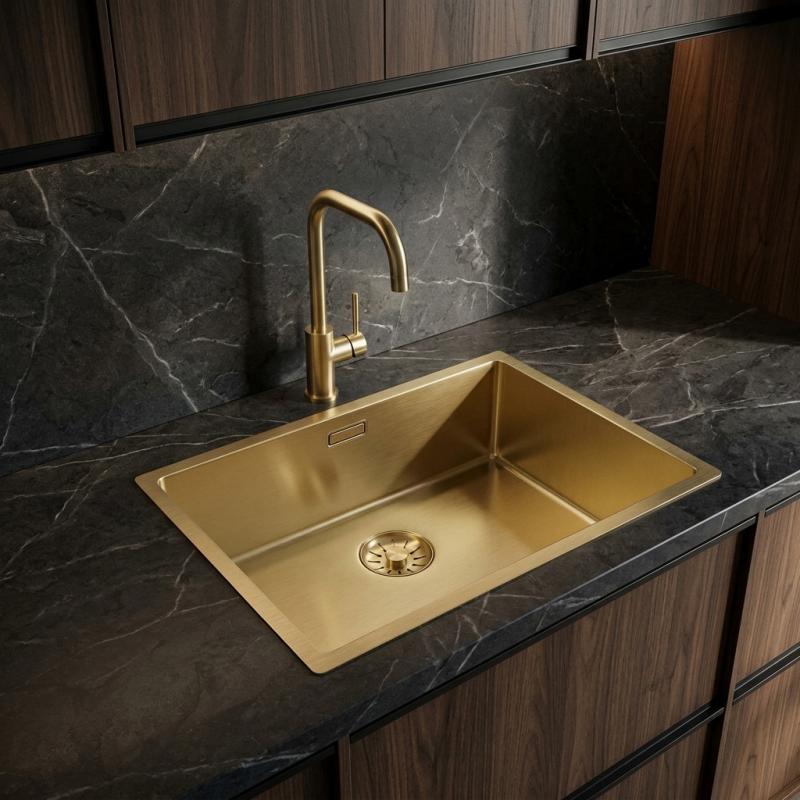 Pure.Sink Comfort PVD Gouden spoelbak 50x40 cm 10mm radius onderbouw, vlakbouw en opbouw PCM5040-60